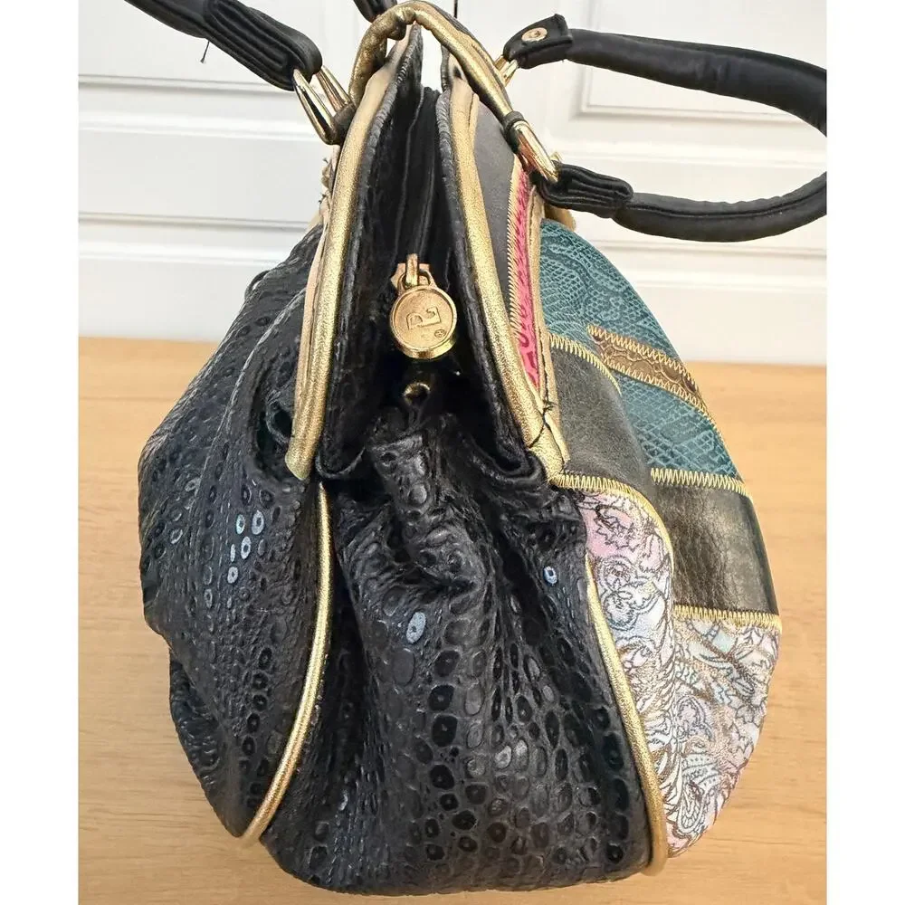 Vintage 80's NAS Bag Multicolor Faux Leather Patchwork Handbag Purse